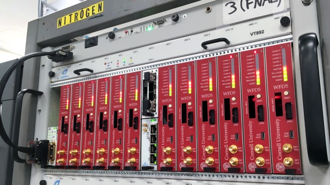 A Cornell team led by Lawrence Gibbons, professor of physics, built digitizer modules that were installed around the muon g-2 ring.