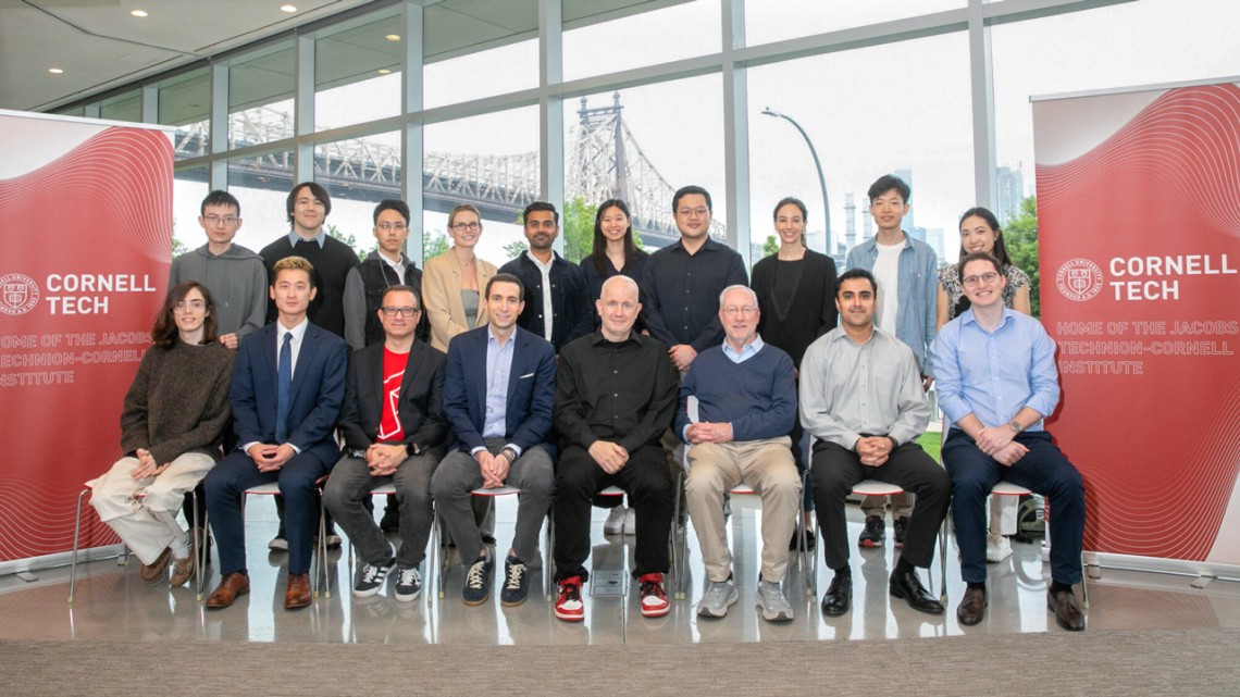 The 2025 Startup Awards winners gathered with judges including Greg Morrisett (front, third from left), the Jack and Rilla Neafsey Dean and vice provost of Cornell Tech; Andrew Ross Sorkin ’99 (front, fourth from left), New York Times columnist, author and producer; Josh Hartmann (front, fourth from right), chief practice officer of Cornell Tech; and Cornell President Michael I. Kotlikoff (front, third from right).